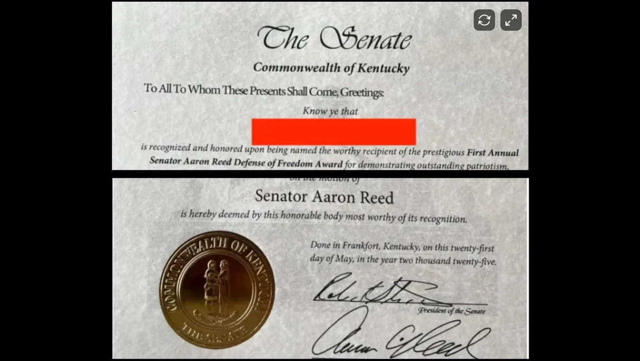The top and bottom of the award. The student’s name has been hidden so as not to take away from their accomplishment.