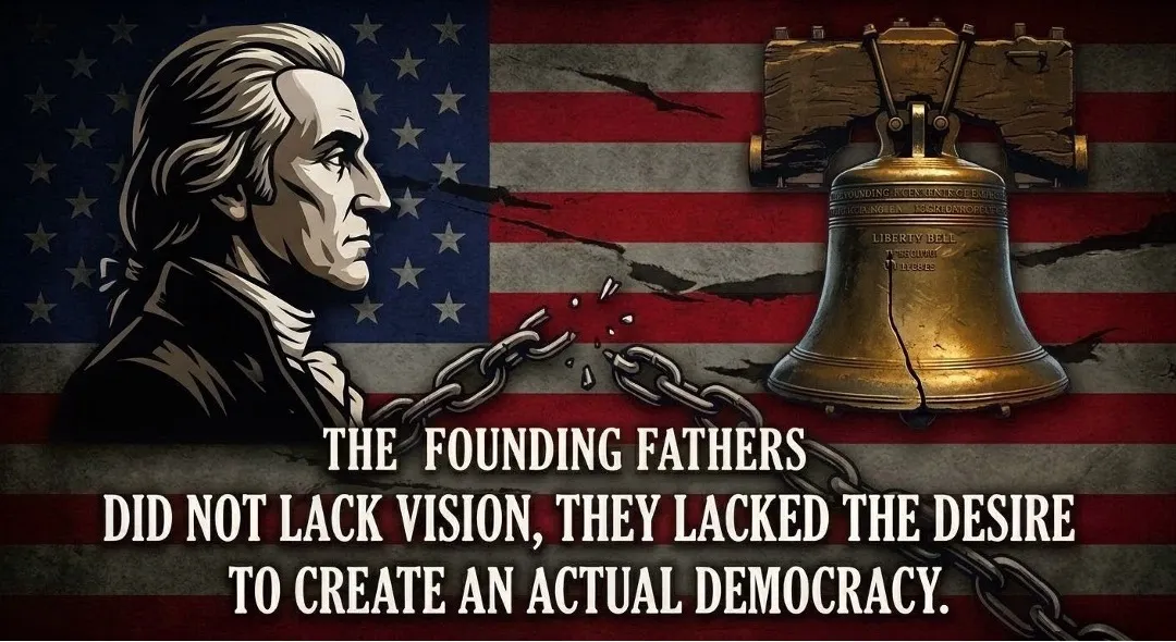 Picture of American founder, flag, Liberty Bell, and the caption “The founding fathers did not lack vision, they lacked the desire to create an actual democracy.”