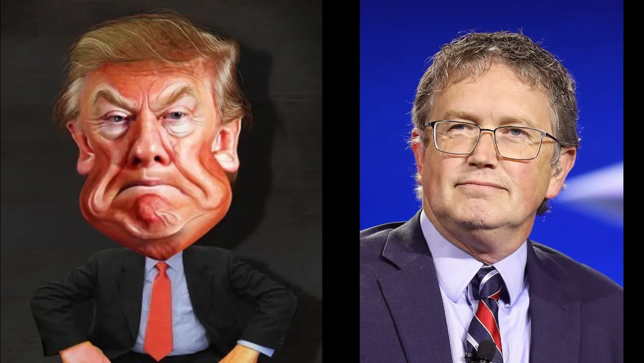 A caricature of Donald Trump next to a photo of Thomas Massie
